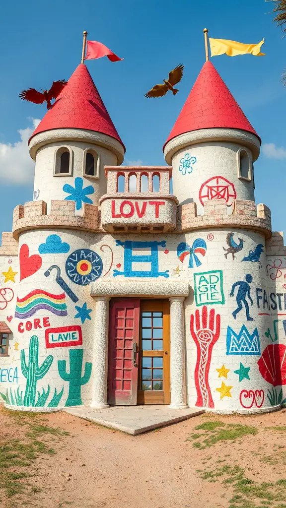 21 Creative Indoor Fort Ideas for Kids 13 A brightly colored castle fort with artistic decorations.