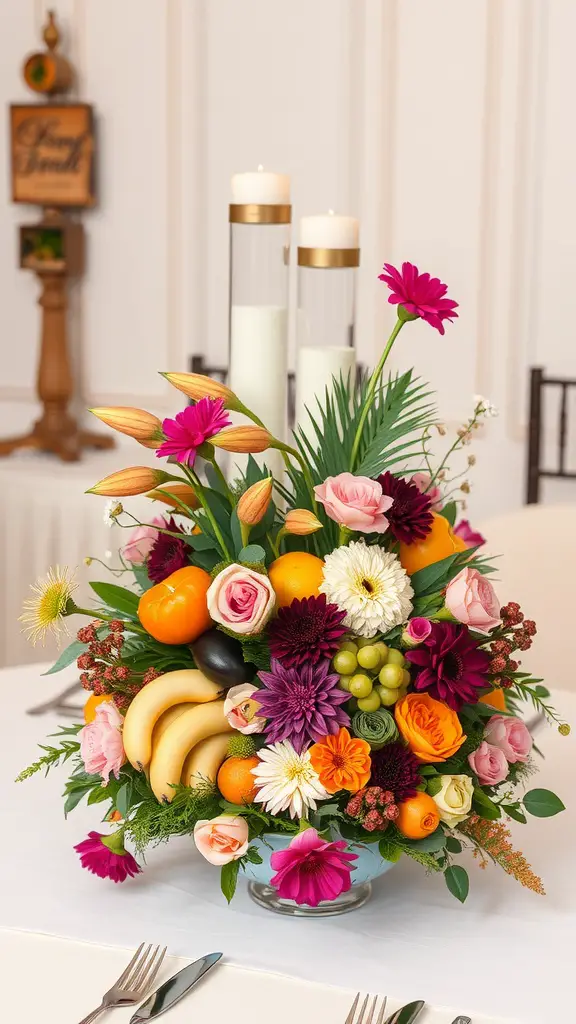 25 Stunning Wedding Table Centerpieces to Inspire Your Big Day 15 A colorful wedding table centerpiece featuring fruits and flowers, with candles.