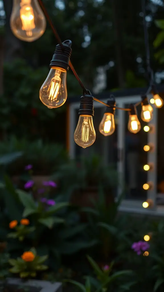 17 Stunning Backyard String Lights to Transform Your Outdoor Space 11 Artistic string lights hanging in a garden setting with flowers and greenery.