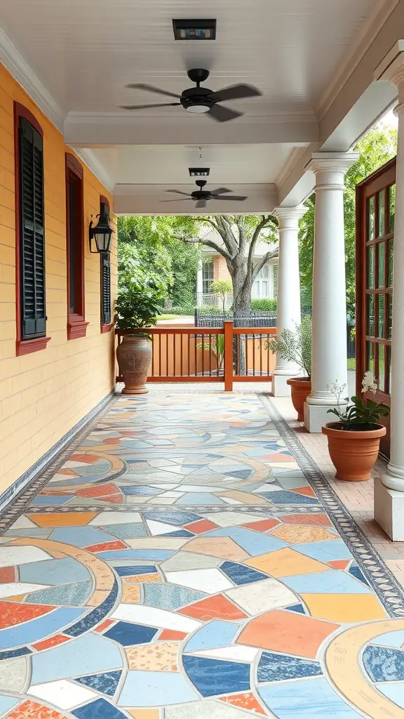 A colorful mosaic concrete porch with circular patterns in blue, orange, and white.
