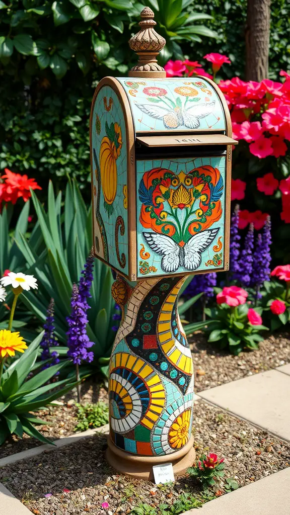 A colorful artistic mosaic mailbox surrounded by flowers.