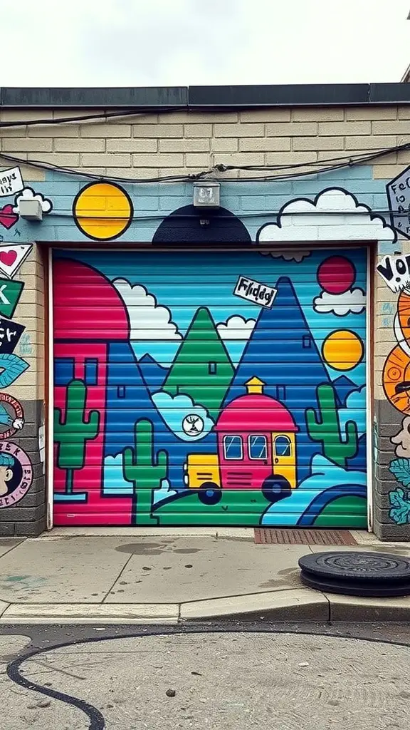 A colorful mural design on a garage door featuring cacti, mountains, and a cheerful truck.