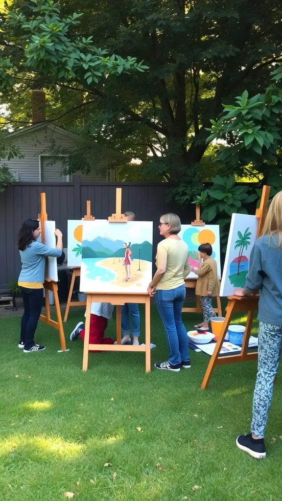 People painting on easels in a backyard setting