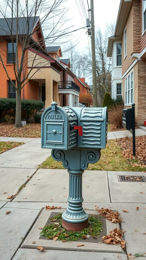 Artistic sculptural double mailbox in a neighborhood setting