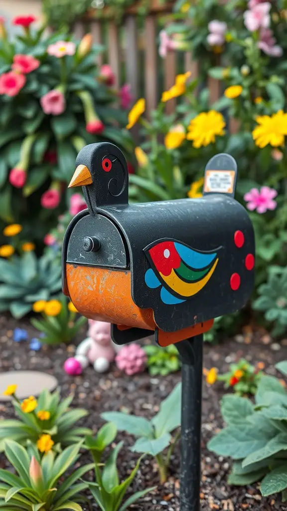 A colorful bird-shaped mailbox surrounded by vibrant flowers