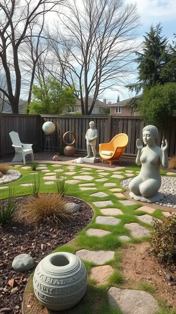 19 Stunning Large Backyard Layout Ideas to Transform Your Outdoor Space 16 A peaceful artistic sculpture garden featuring stone sculptures, a pathway of natural stones, and cozy seating.