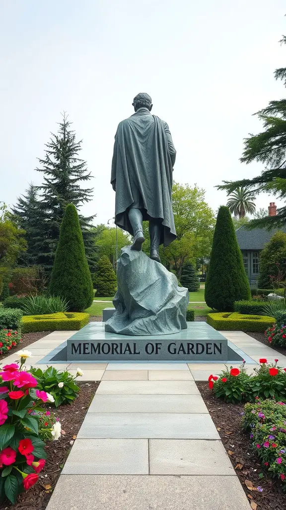A statue in a memorial garden surrounded by flowers and greenery.