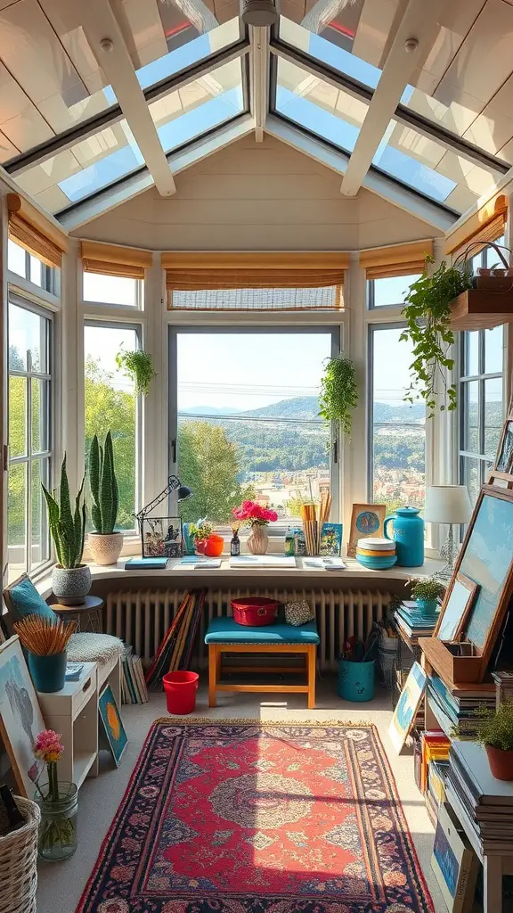 A cozy sunroom filled with art supplies, plants, and natural light, featuring a vibrant rug and a beautiful view.