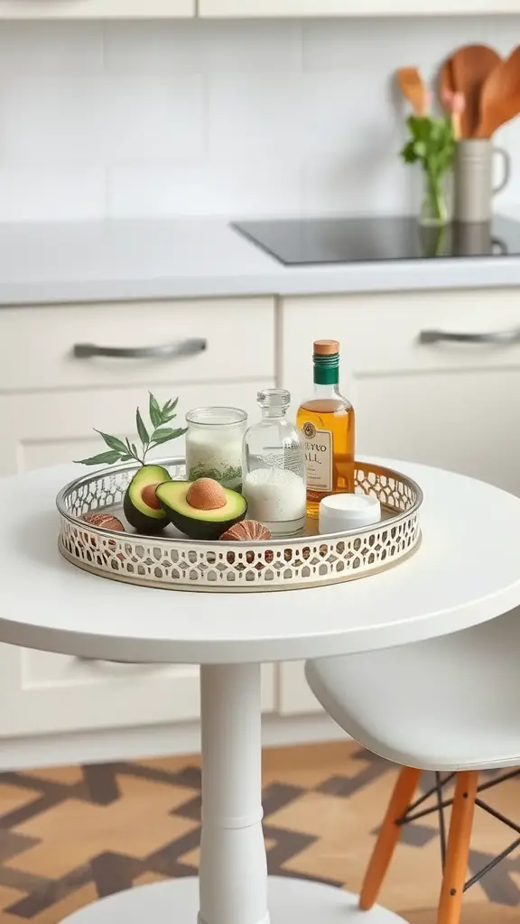 15 Stunning Round Kitchen Table Decor Ideas to Transform Your Space 8 A round kitchen table with a decorative tray containing sliced avocados, salt, and olive oil.