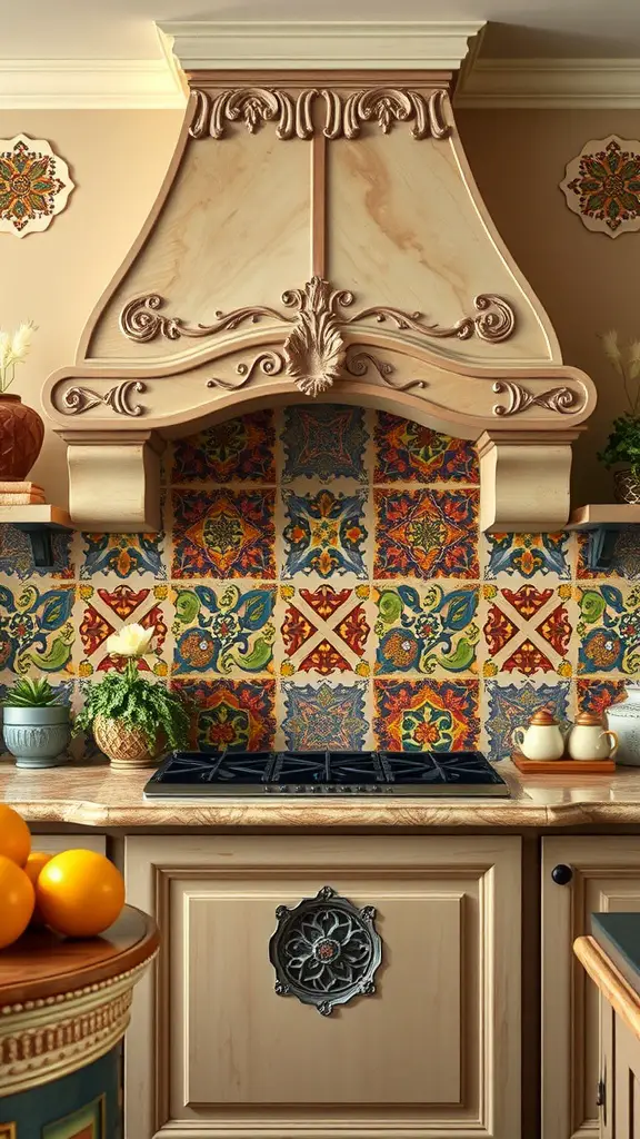 Artistic tile backsplash in a Tuscan kitchen featuring vibrant patterns and a decorative stove hood.
