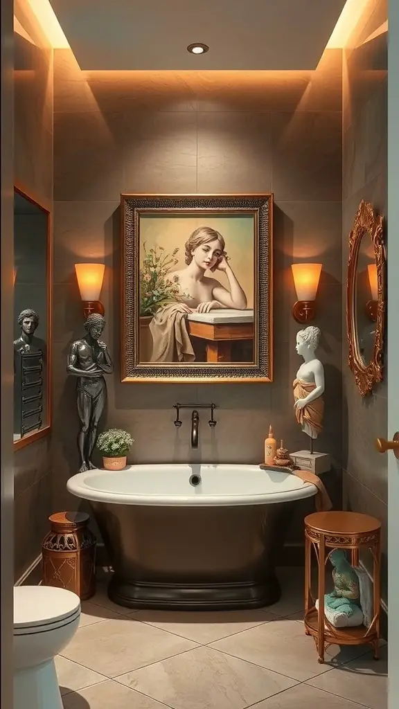 A luxurious bathroom featuring a freestanding tub, classical artwork, and elegant decor.