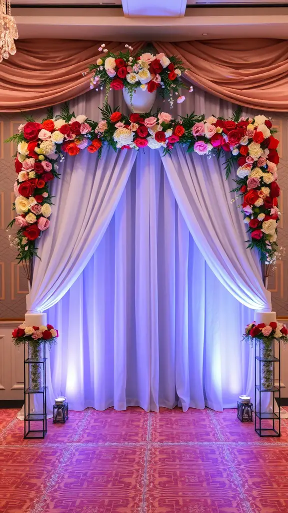 23 Stunning Banquet Decoration Ideas for Your Next Event 10 A floral decorated wall backdrop with draped fabric and soft lighting, ideal for banquet decoration.