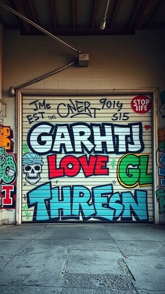 23 Stylish Garage Lounge Ideas You’ll Love 10 A vibrant mural on a garage door featuring bold colors, playful designs, and large lettering.