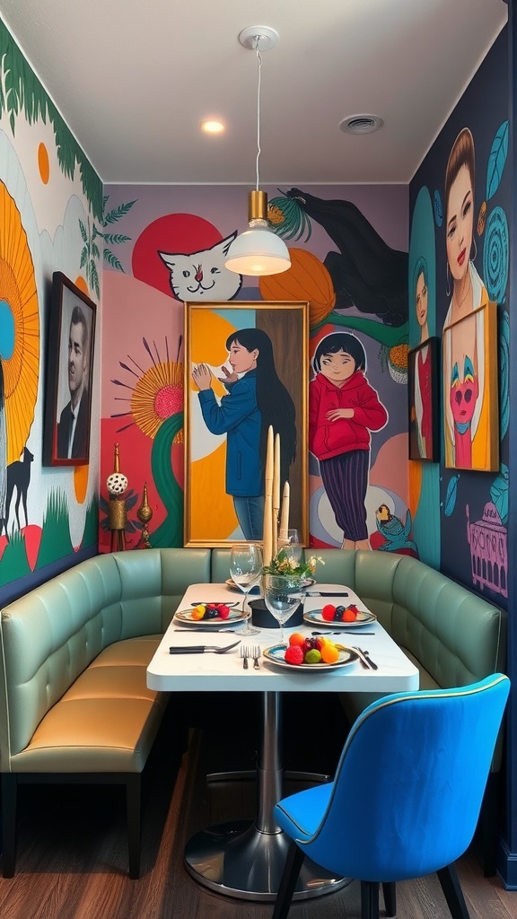 17 Cozy Dining Nook Ideas for Your Home 11 Dining nook with artistic wall murals and stylish seating