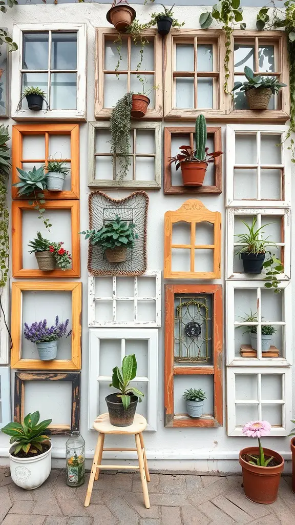 A wall adorned with various upcycled window frames, each featuring different potted plants