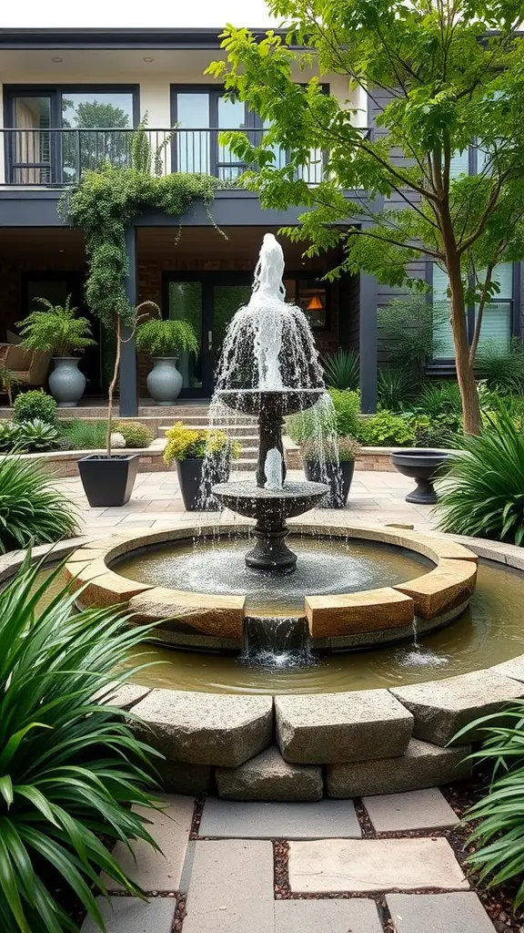 17 Stunning Modern Front Yard Landscape Designs You Need to See 2 A beautiful fountain surrounded by lush green plants in a modern front yard.