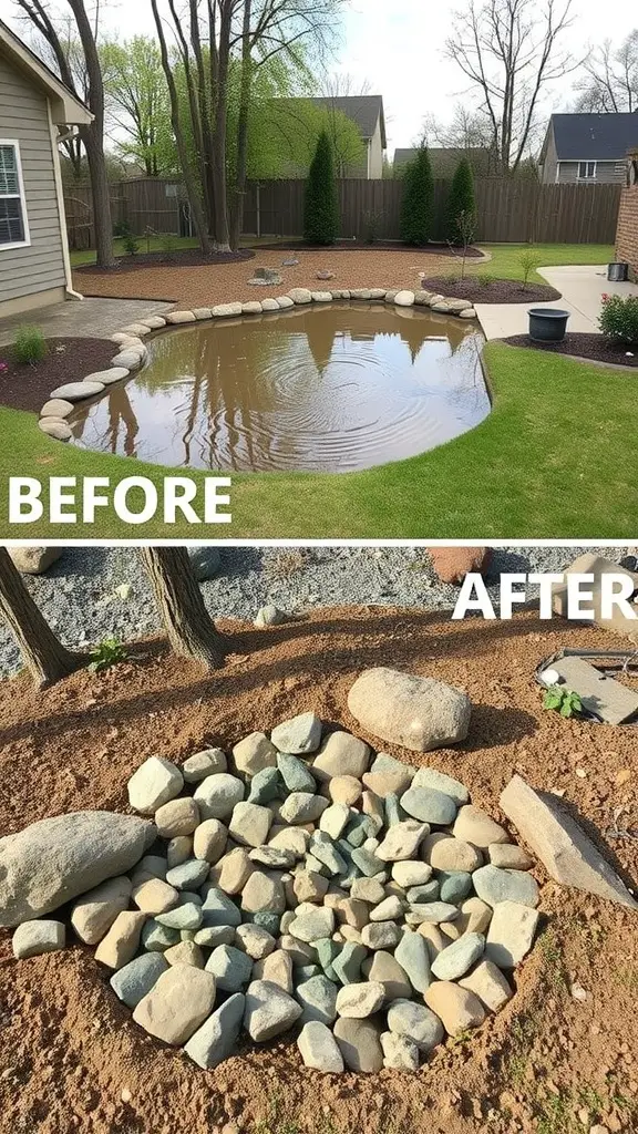 15 Innovative Dry Rock Bed Ideas for Effective Drainage Solutions 13 Before and after images of a backyard showing a pond and a newly installed dry rock bed for drainage.