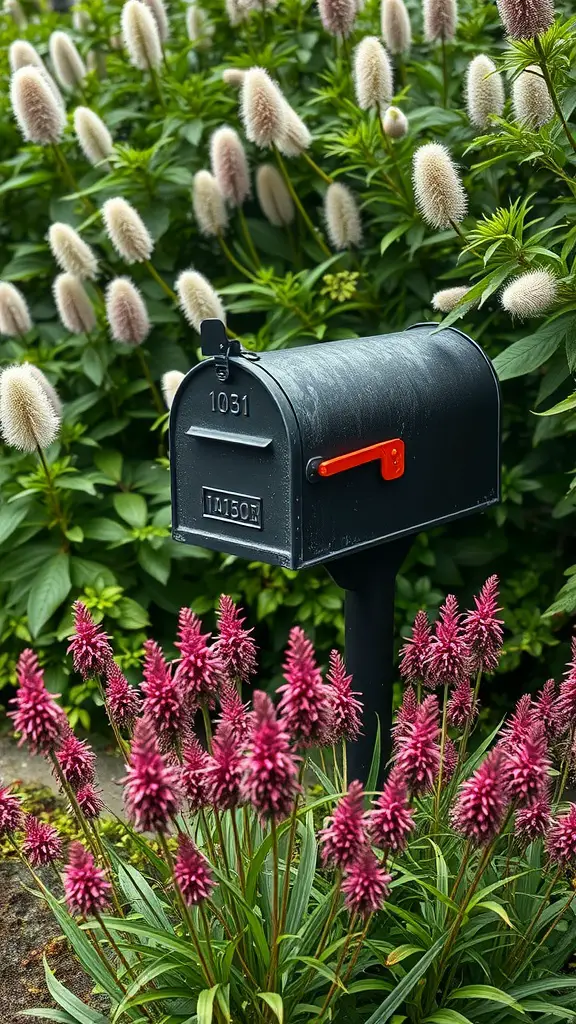 19 Stunning Mailbox Plants to Enhance Your Curb Appeal 14 A black mailbox surrounded by pink Astilbe flowers in a garden