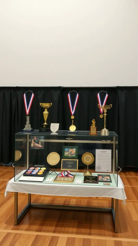 A display case featuring trophies, medals, and certificates showcasing athlete achievements.