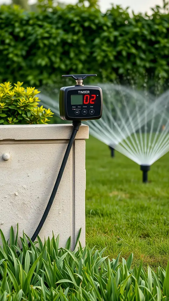 15 Creative Garden Irrigation Ideas for a Thriving Garden 9 A garden irrigation timer attached to a hose, with sprinklers in the background