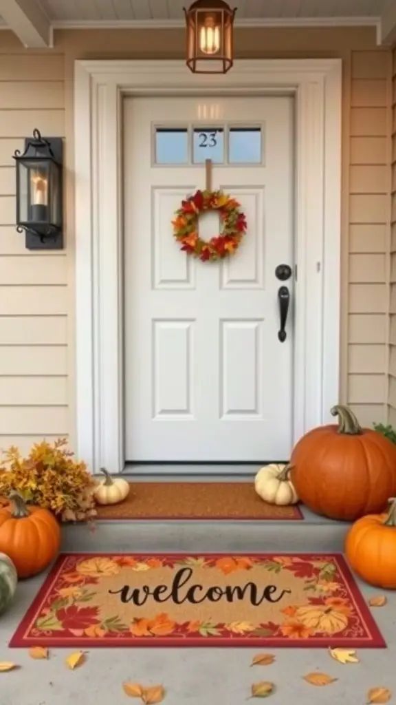 A fall-themed welcome mat with leaves and pumpkins on a porch.