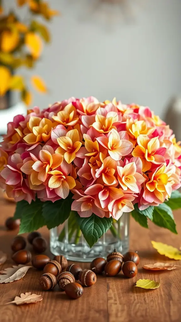 A vibrant autumn-inspired hydrangea centerpiece with pink and yellow blooms, surrounded by acorns and leaves on a wooden table.