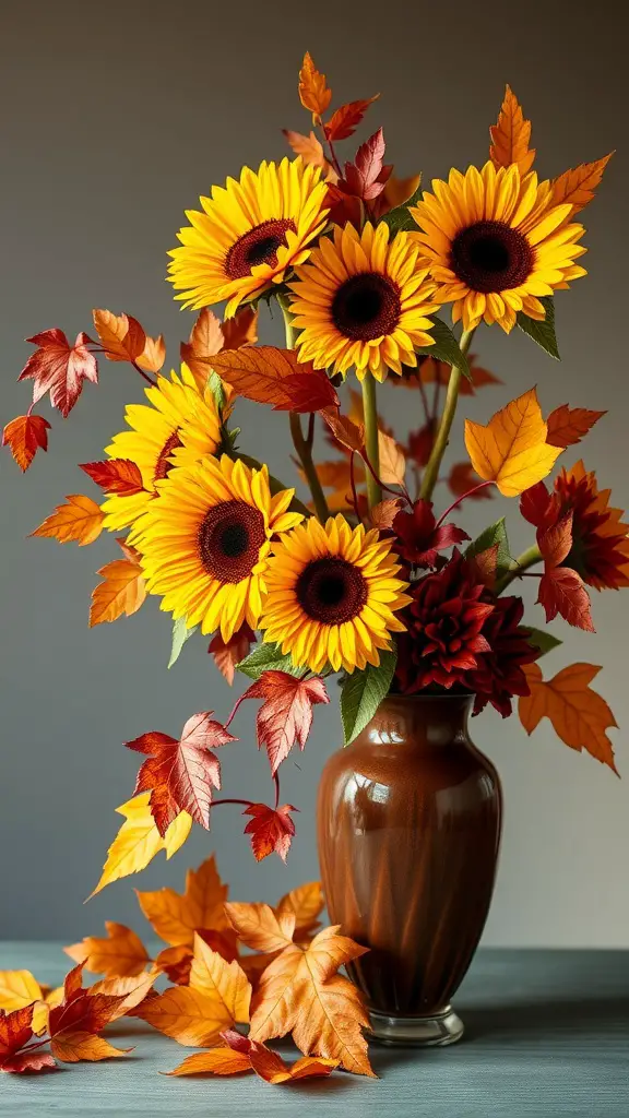 A floral arrangement with sunflowers and autumn leaves in a brown vase