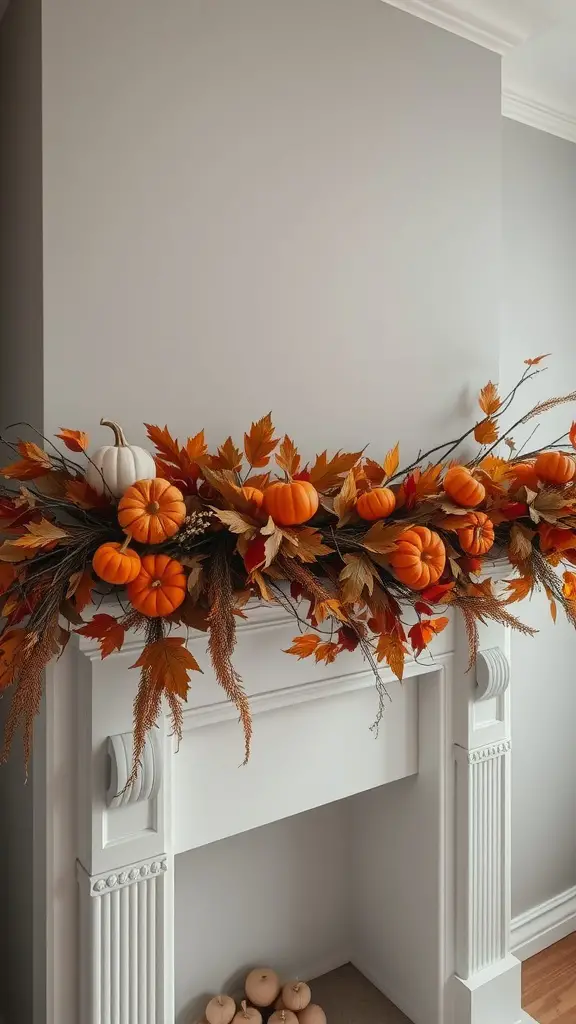 A fall garland with pumpkins and autumn leaves draped over a white mantel.