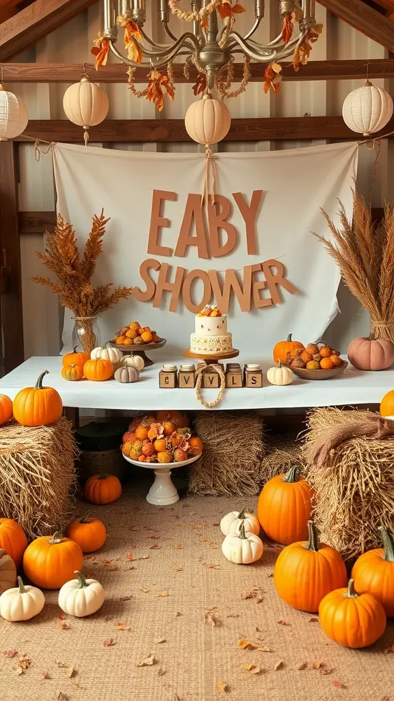 25 Creative Baby Shower Themes for September Celebrations 5 A beautifully decorated autumn-themed baby shower setup featuring pumpkins, hay bales, and a cake.