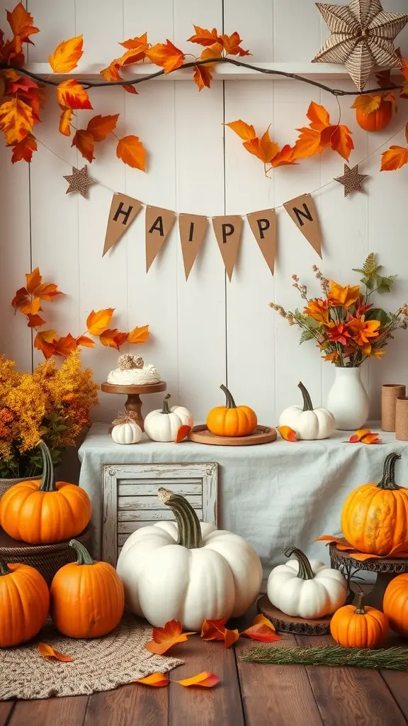 A warm and inviting autumn-themed baby shower setup, featuring orange and white pumpkins, autumn leaves, and decorations.
