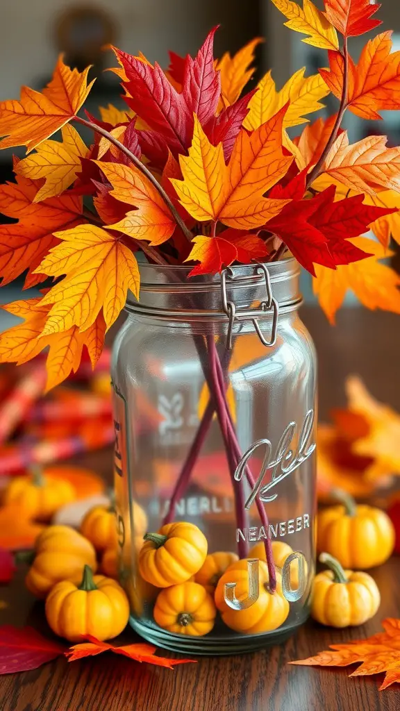 Mason jar filled with autumn leaves and surrounded by small pumpkins.