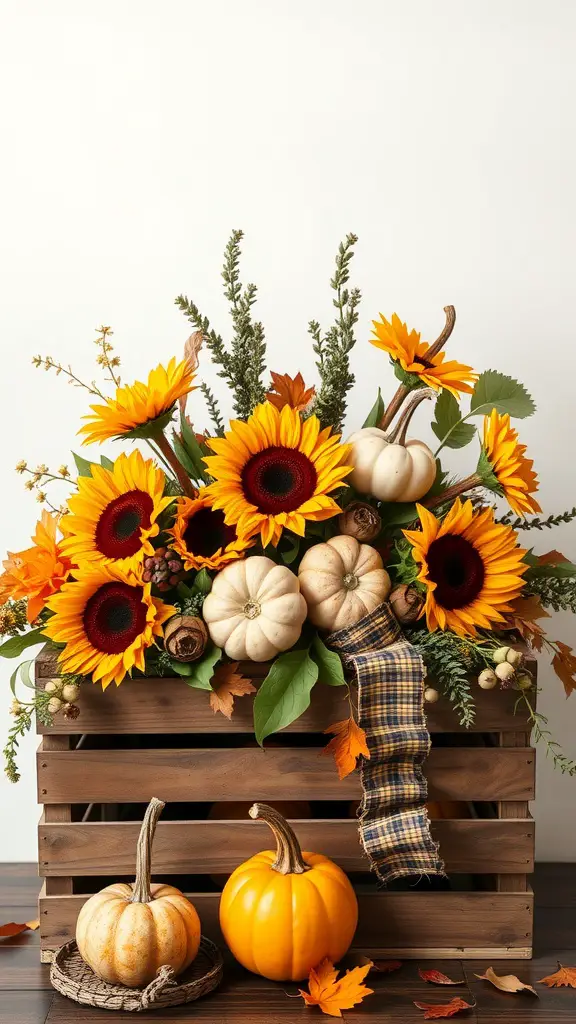 17 Stunning Flower Arrangement Ideas You’ll Love 10 A vibrant autumn floral arrangement featuring sunflowers, mini pumpkins, and greenery in a rustic wooden crate.