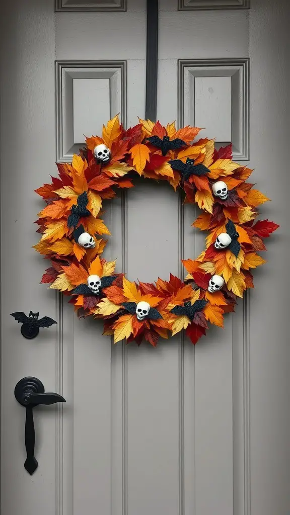 A colorful autumn leaf wreath with skulls and bats, hanging on a door.