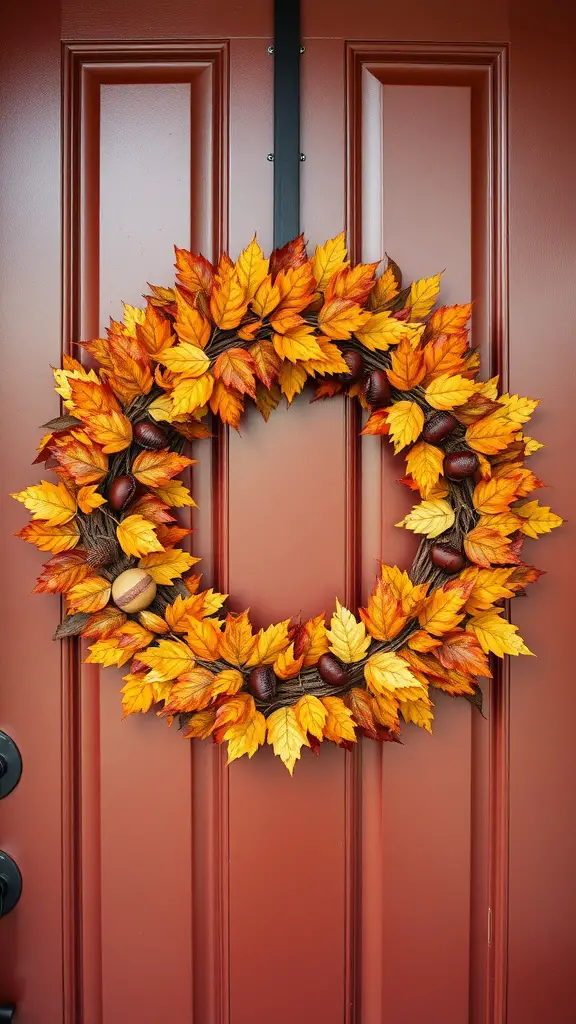 13 Stunning DIY Wreaths to Welcome You Home 9 A vibrant autumn leaves and acorns wreath hanging on a front door.