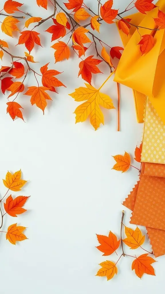 15 Adorable Ideas for a Pumpkin Baby Shower Theme 14 A collection of autumn leaves and fabrics in warm orange and yellow tones, perfect for a pumpkin baby shower theme.