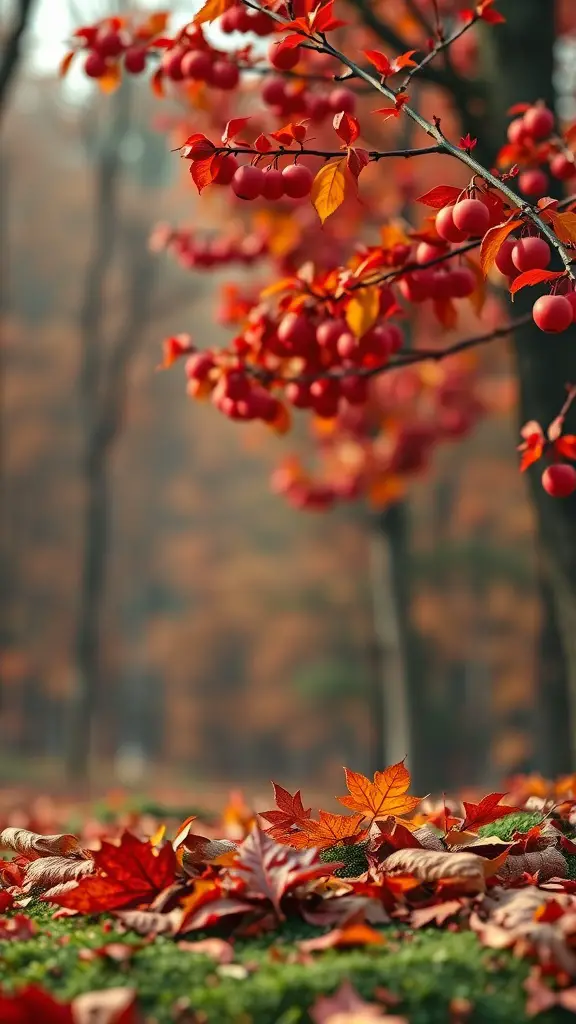 A close-up of a tree with red berries and colorful autumn leaves.
