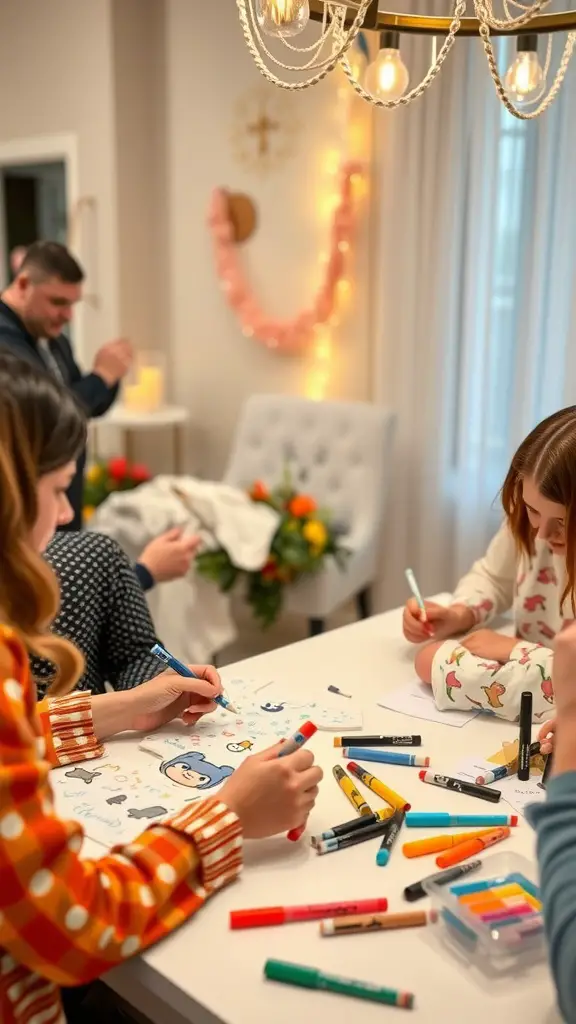 29 Creative Baby Shower Ideas for November Celebrations 8 Guests decorating baby animal onesies at a baby shower with colorful markers and cheerful expressions.