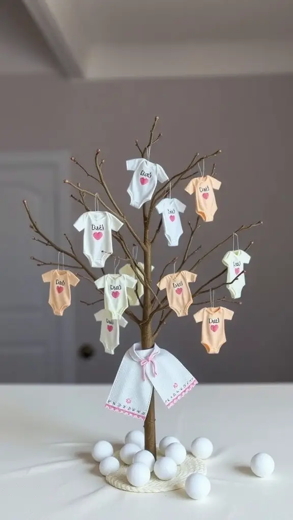 29 Adorable Baby Shower Centerpiece Ideas You’ll Love 7 A decorative tree with mini onesies, showcasing a unique baby shower centerpiece idea.