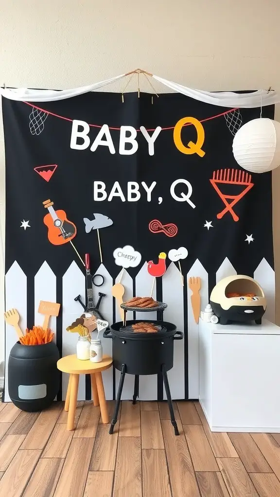 25 Creative Baby Q Shower Ideas to Celebrate Your Little One 11 A fun baby shower photo booth setup with BBQ theme, featuring 'BABY Q' backdrop and props