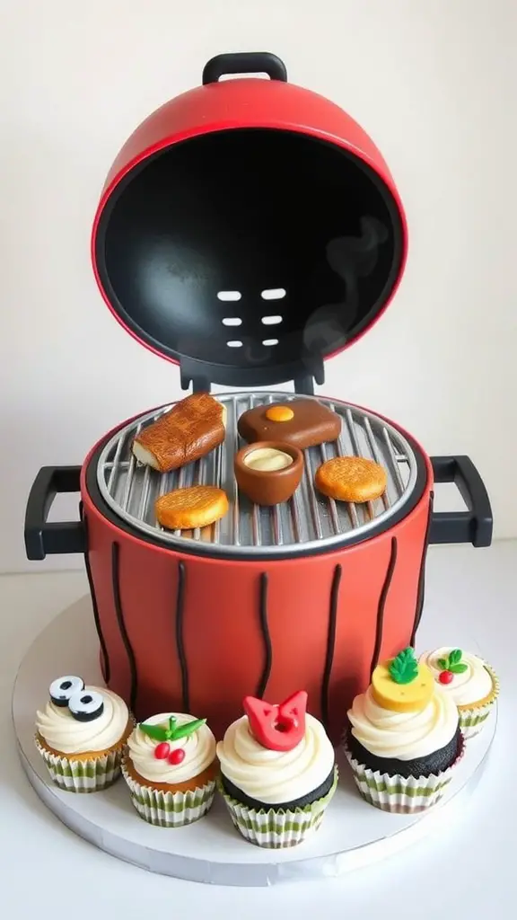 25 Creative Baby Q Shower Ideas to Celebrate Your Little One 10 A cake designed like a BBQ grill with grilled treats and colorful cupcakes.