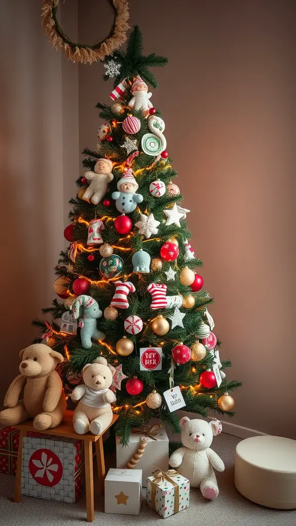21 Creative Christmas Baby Shower Ideas You’ll Love 17 A beautifully decorated Christmas tree for a baby shower, featuring plush ornaments, candy canes, and soft toys.