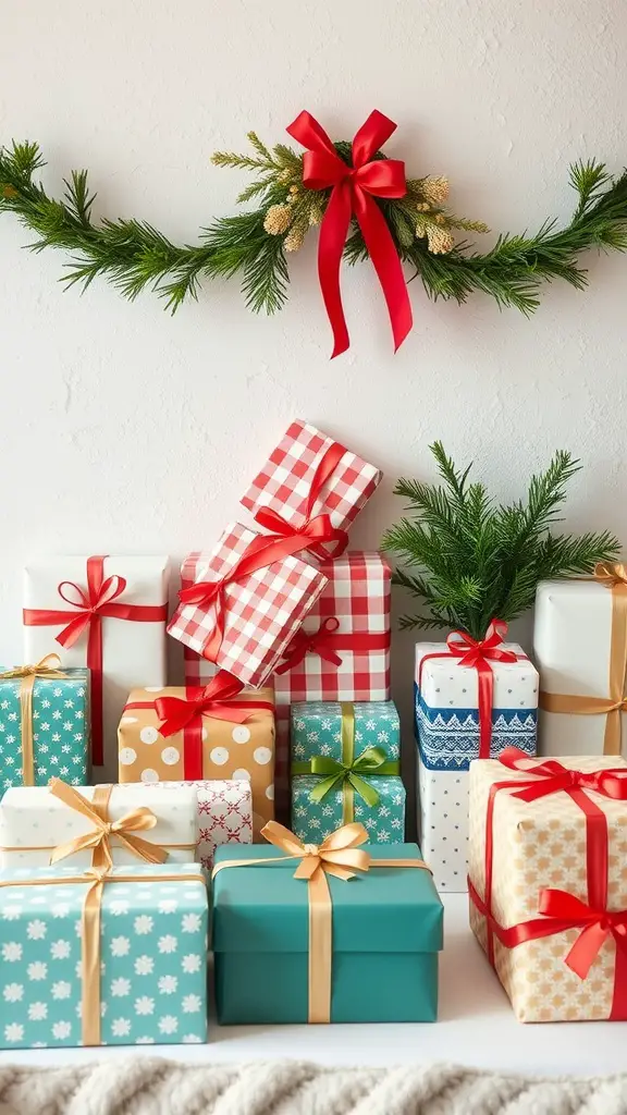 23 Creative Baby Shower Ideas for December Celebrations 17 A table filled with beautifully wrapped gifts in various colors and patterns, decorated with ribbons and greenery.