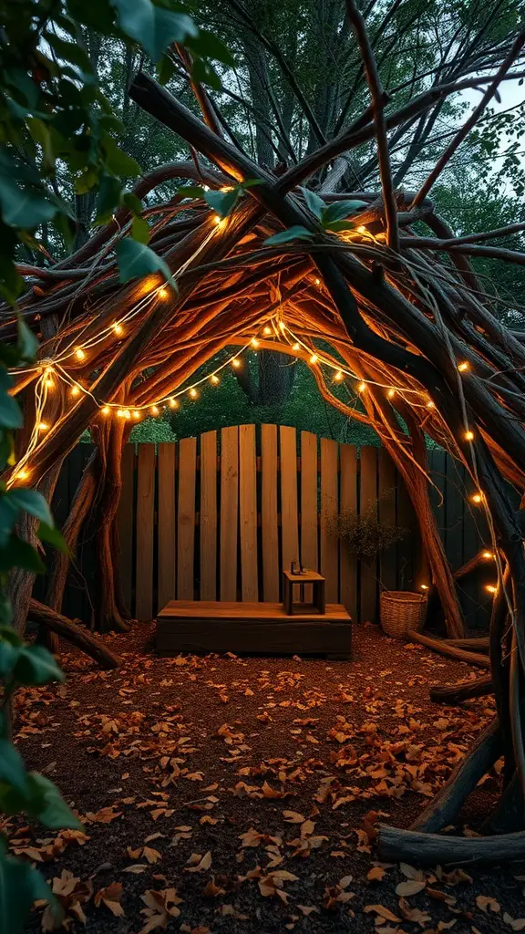 13 Creative Fort Ideas for Endless Indoor Fun 7 A cozy backyard fort made of intertwined branches, adorned with fairy lights and surrounded by autumn leaves.
