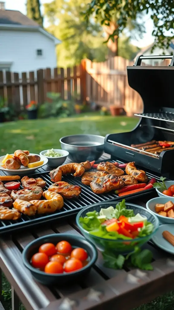 A backyard BBQ setup featuring a grill with chicken, sausages, and grilled vegetables, surrounded by fresh salad ingredients.