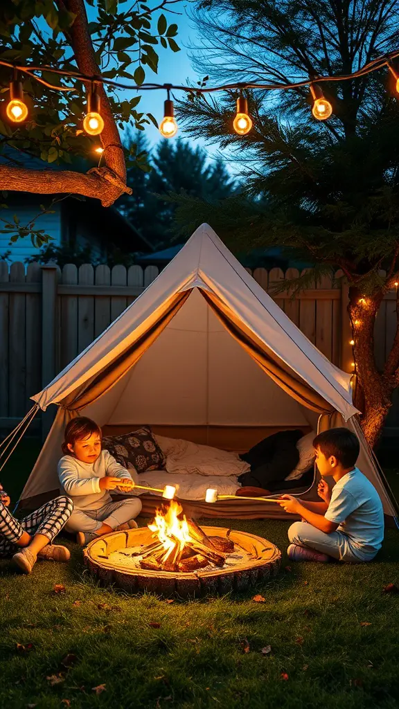 19 Fun Outdoor Birthday Party Ideas for Kids 9 Kids roasting marshmallows by a campfire in a backyard camping setup with a tent.