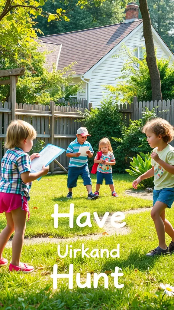 Children participating in a backyard scavenger hunt