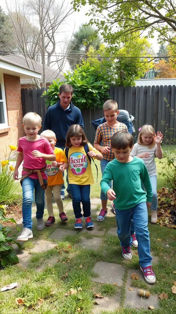 A group of children participating in a scavenger hunt in a backyard