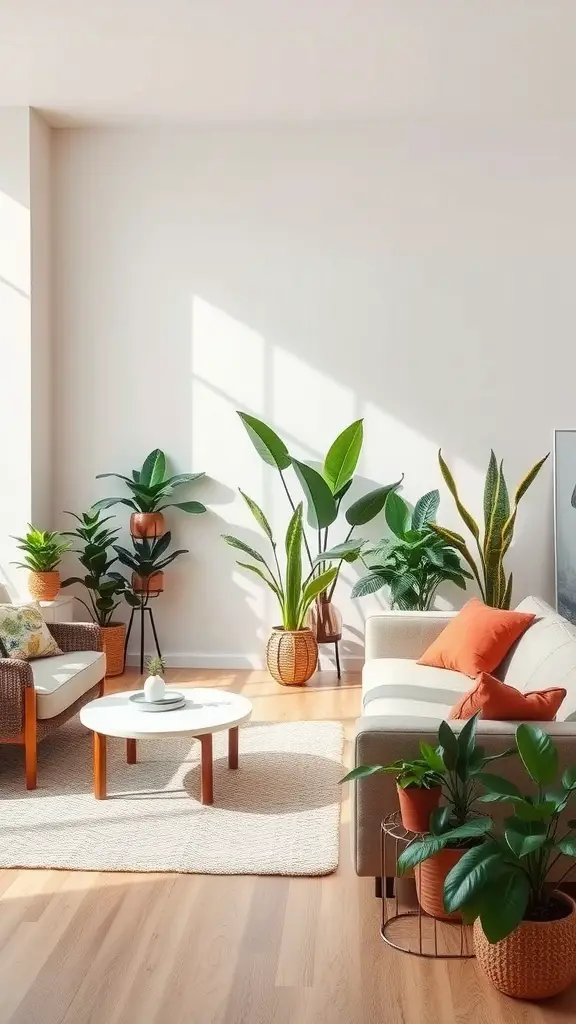 19 Indoor Plant Styling Ideas to Elevate Your Space 14 A cozy living room with green indoor plants and stylish furniture.