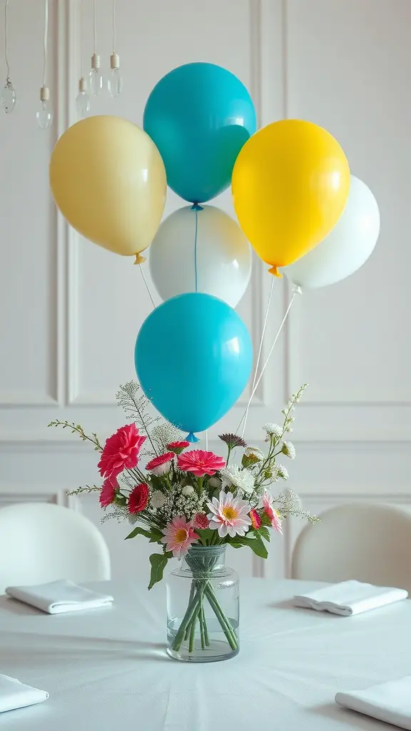 A cheerful centerpiece featuring colorful balloons and a floral arrangement on a table.