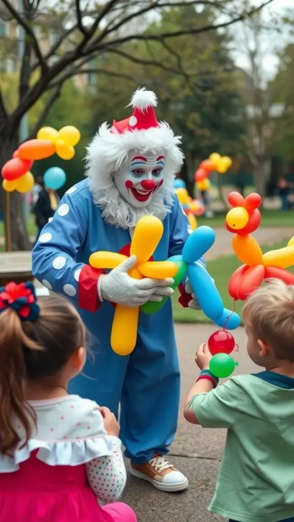 13 Fun Park Birthday Party Ideas for an Unforgettable Celebration 4 A clown making balloon animals for children at a park birthday party.